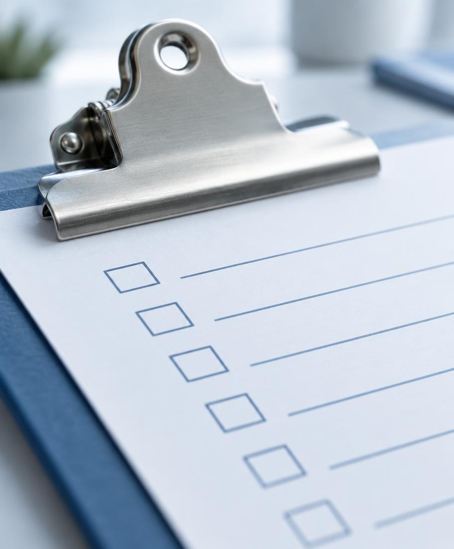 Clipboard holding a blank checklist form